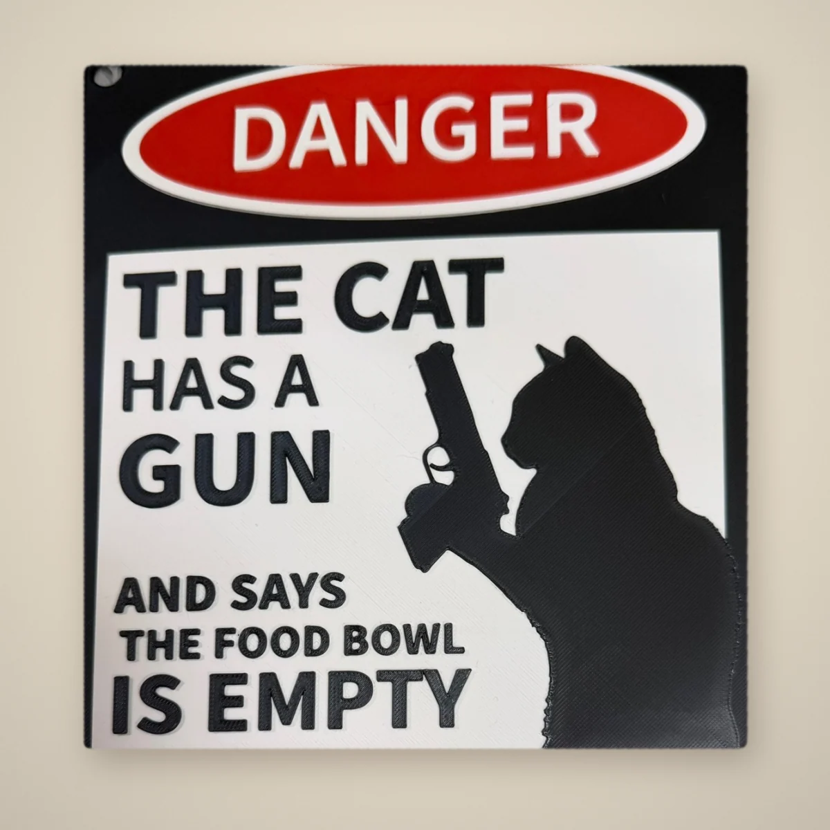 Schild „Danger! The cat has a gun“