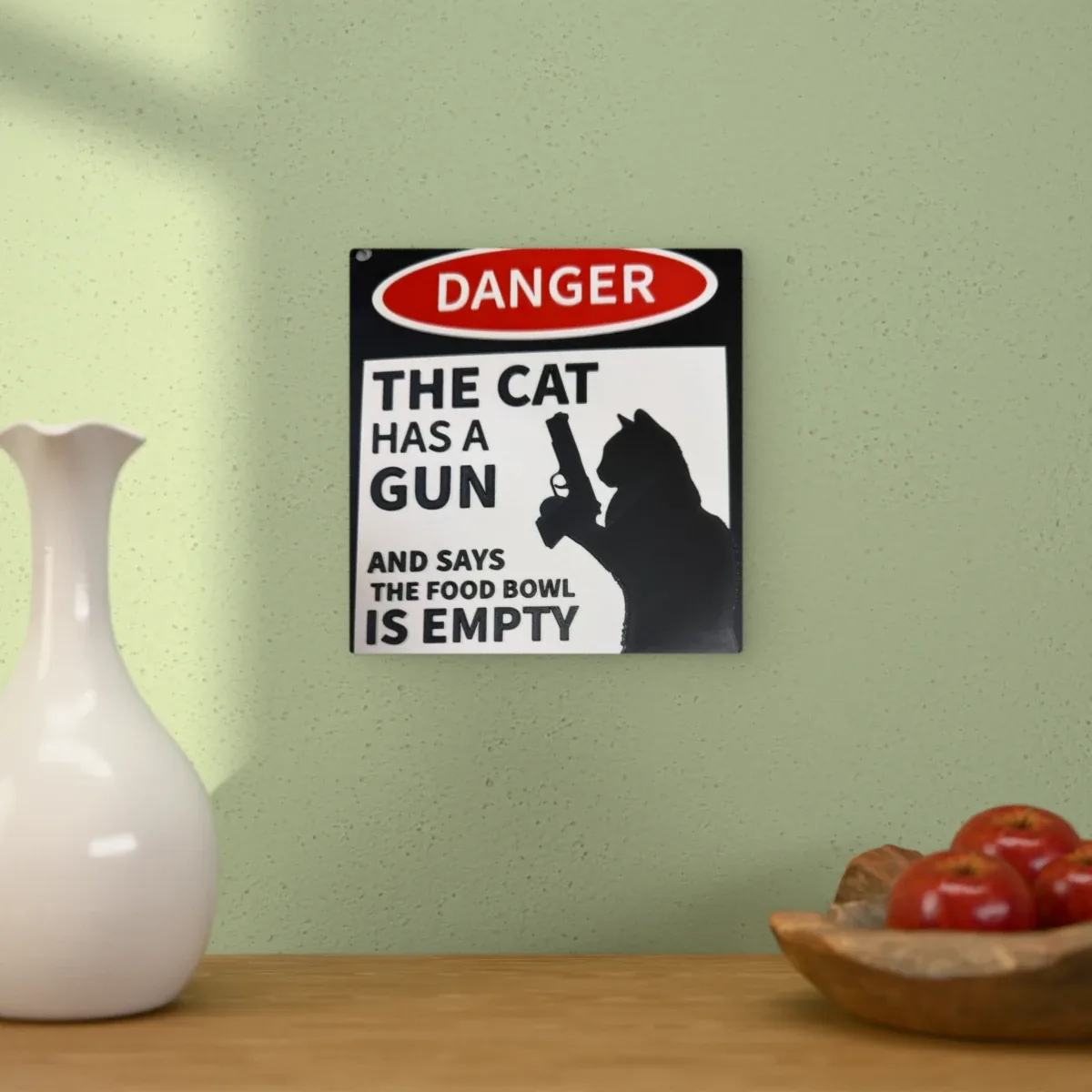 Wohnbeispiel (Symbolbild): Schild „Danger! The cat has a gun“